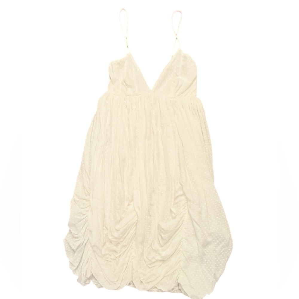 Fleur Wood White Empire Waist Ruched Hem Cotton Spaghetti Strap Dress Size 1/XS
